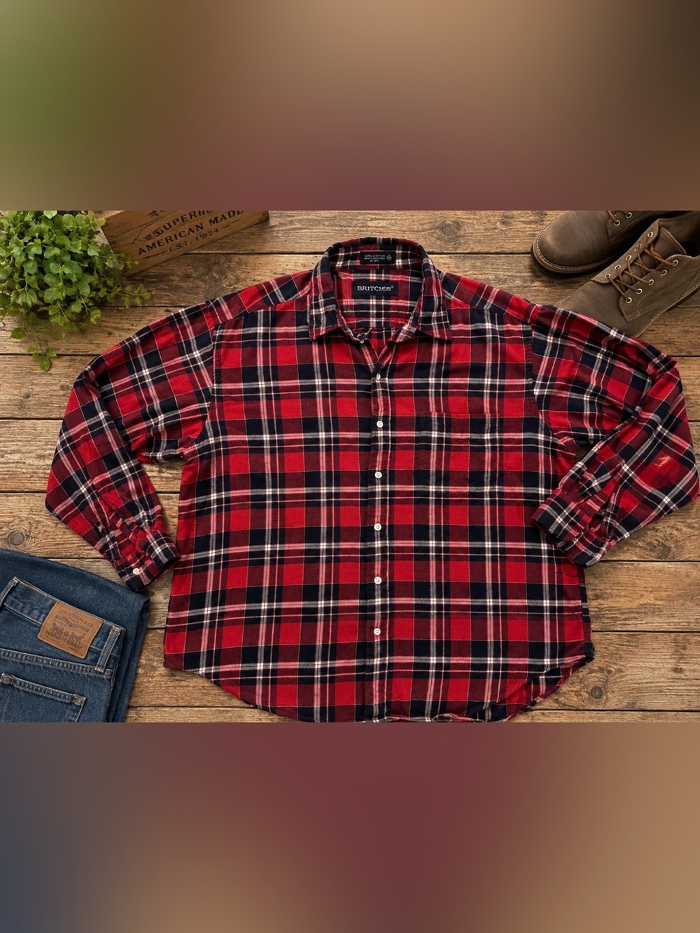 Britches Men’s XXL Red Navy Plaid Flannel Shirt 100% Cotton Button Down Preppy